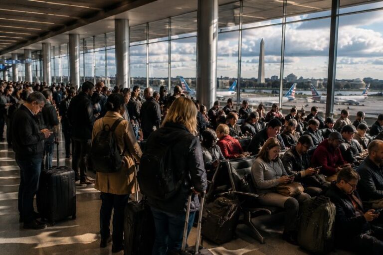 Crowded airport departure terminal with passengers waiting and luggage in sight, many seated or standing by glass walls overlooking the runway.