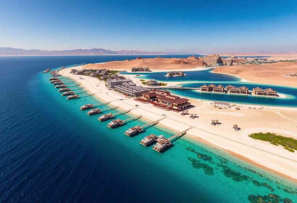 Aerial view of a resort on a sandy coastline with turquoise water and overwater bungalows connected by piers along a curved shoreline