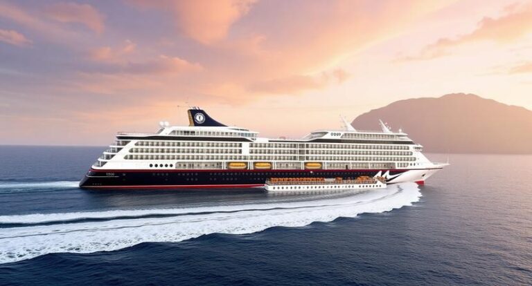 Large cruise ship sailing on calm blue sea at sunset with a rocky island in the background.