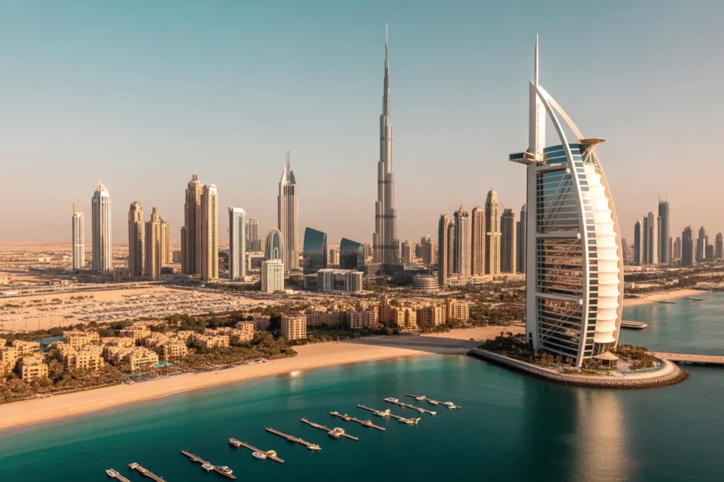 Dubai skyline featuring Burj Al Arab hotel on its man-made island beside turquoise water and a marina district in the foreground