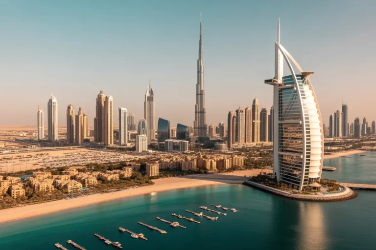 Dubai skyline featuring Burj Al Arab hotel on its man-made island beside turquoise water and a marina district in the foreground