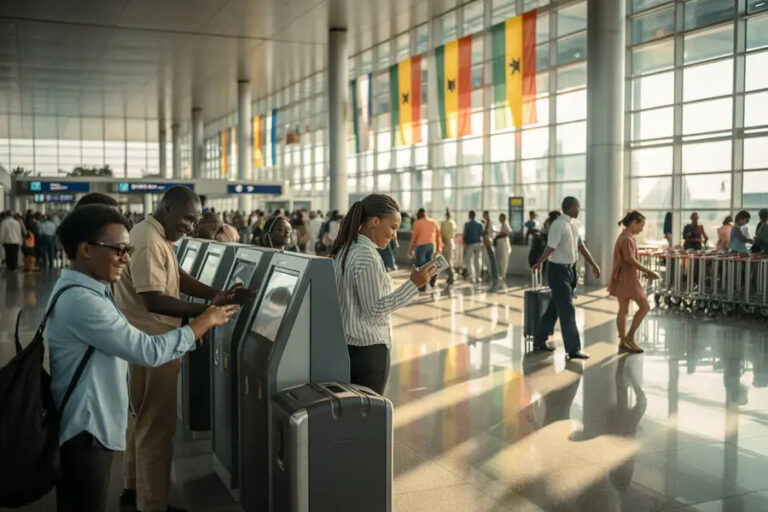 Passengers at self check-in kiosks in a bright airport terminal with flags hanging from the ceiling