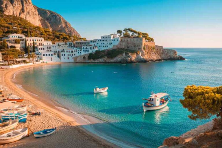 Turquoise bay with white Mediterranean houses on a rocky promontory and small boats anchored near a sandy beach.