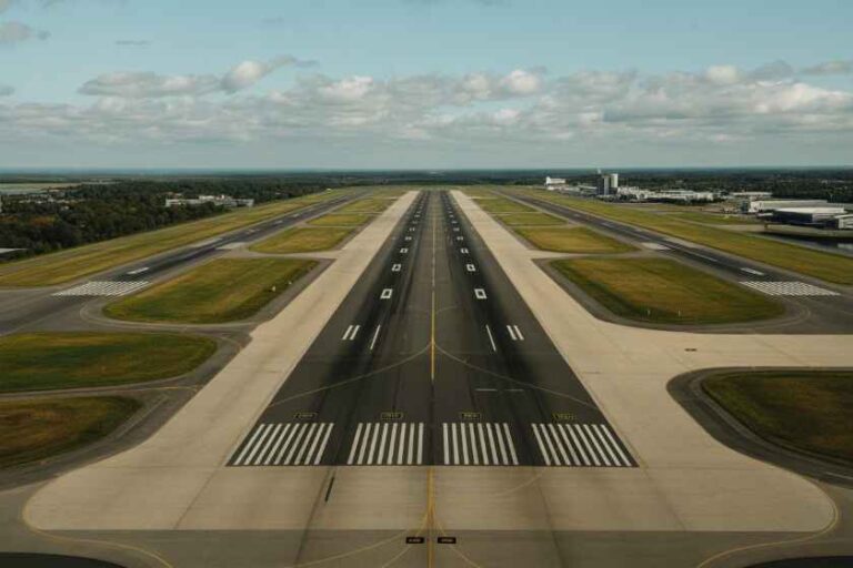 Aerial view of a straight runway at an airport, with taxiways and green grass on both sides under a partly cloudy sky.
