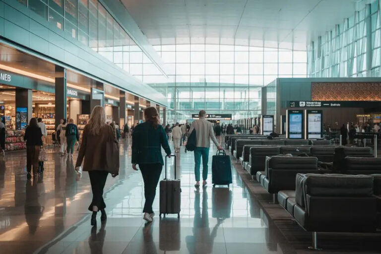 People walking with rolling luggage through a bright, spacious airport terminal with shops and seating areas on both sides.