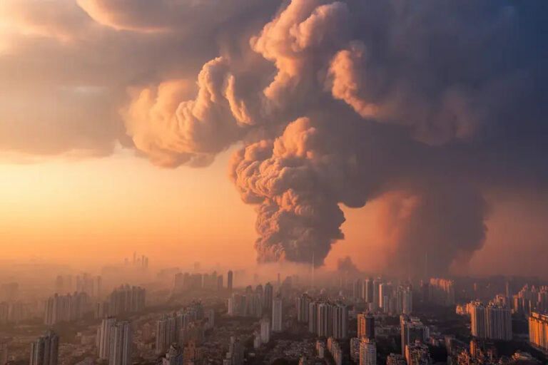 Massive dark smoke plumes rising over a city skyline at sunset, indicating a large fire or explosion nearby.