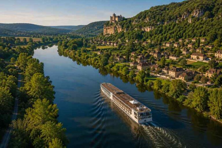 A river boat sails along a meandering river with a green valley, village houses, and a hilltop castle in the distance.