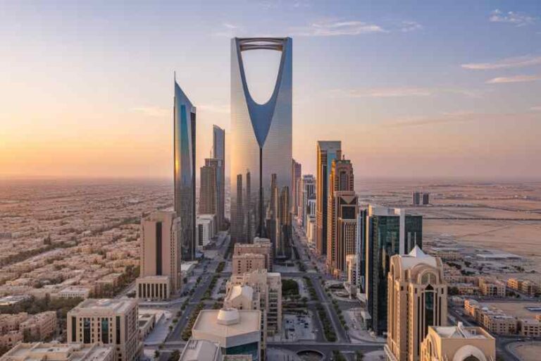 Aerial view of Riyadh's skyline at sunset, dominated by the Kingdom Centre with its distinctive arch.