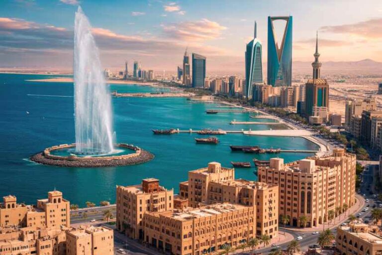Coastal city skyline with a tall circular fountain jet in the bay and beige foreground buildings along the shore at sunset/afternoon light.