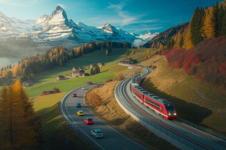 Red passenger train curves along a hillside railroad through autumnal valleys and mountains in the distance.