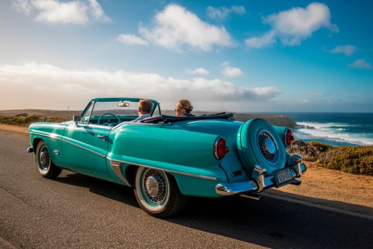 Turquoise vintage Convertible with two passengers drives along a coastal road, blue sky and ocean visible on the right.