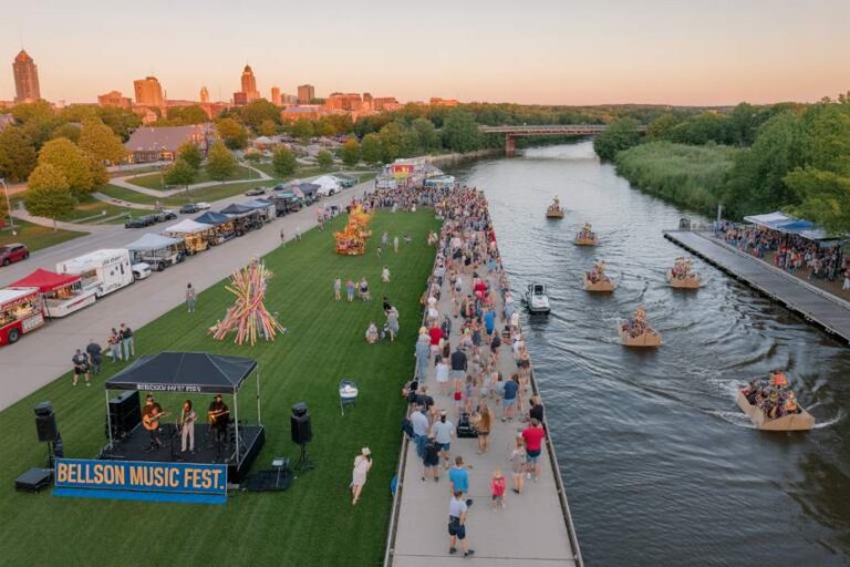 Aerial view of Bellson Music Fest along a river: crowd on a boardwalk and grassy area, a stage on the left, boats in the water, and a skyline at sunset.