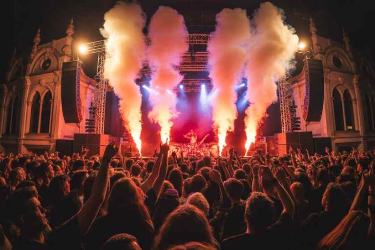 Massive crowd at a nighttime outdoor concert with stage lights and pink smoke plumes rising from pyrotechnics behind the performers.