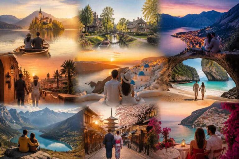 Collage of romantic travel scenes with couples at lakes, beaches, towns, and sunsets around the world.