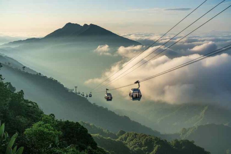 Cable cars glide above green mountains and low clouds at sunrise.