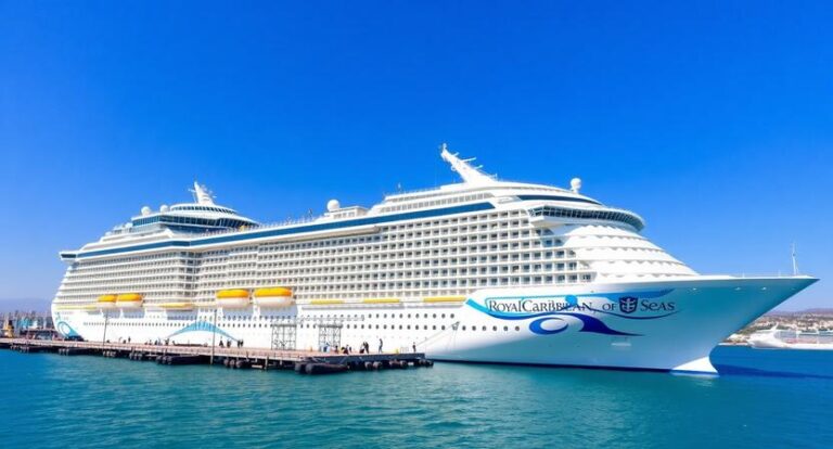 Large white cruise ship docked at a sunny port, with blue sea and sky in the background, labeled Royal Caribbean of the Seas on the hull, with yellow lifeboats along the side.
