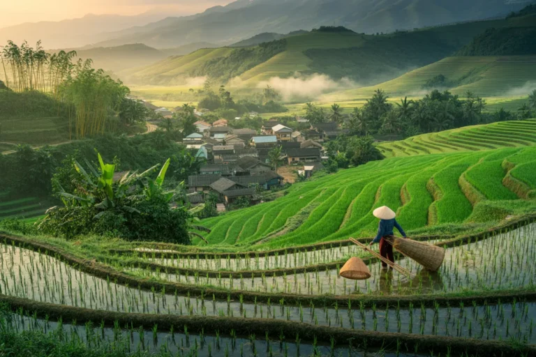 Terraced rice fields on rolling hills at sunrise with a farmer in a conical hat tending the flooded paddies in the foreground.