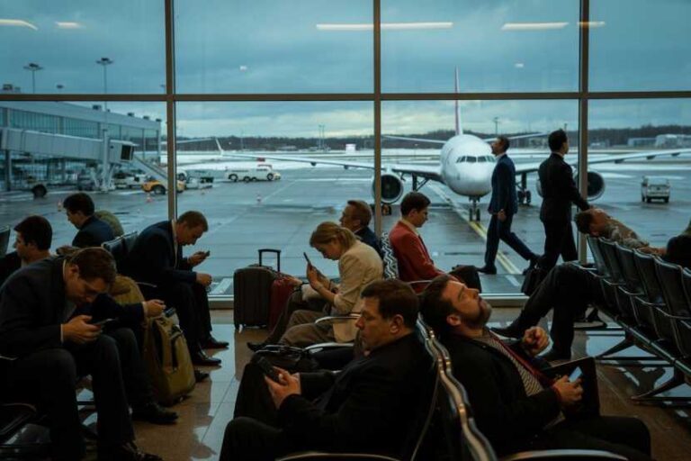 Passengers seated in an airport terminal with planes visible through large windows outside the gate area