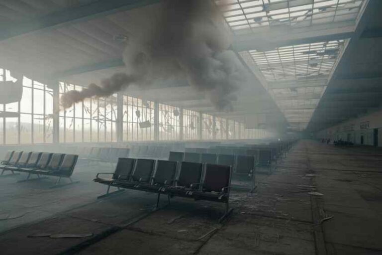 Derelict airport terminal with rows of empty seats as thick black smoke billows from the ceiling far ahead in the hall.