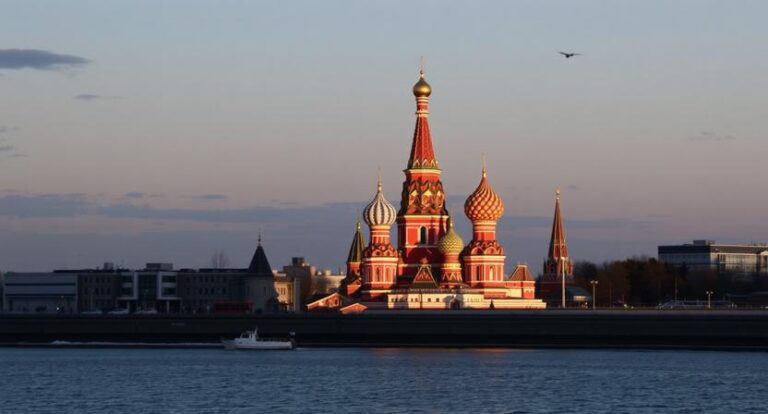 Saint Basil's Cathedral with its colorful onion domes along the river at sunset, Moscow.