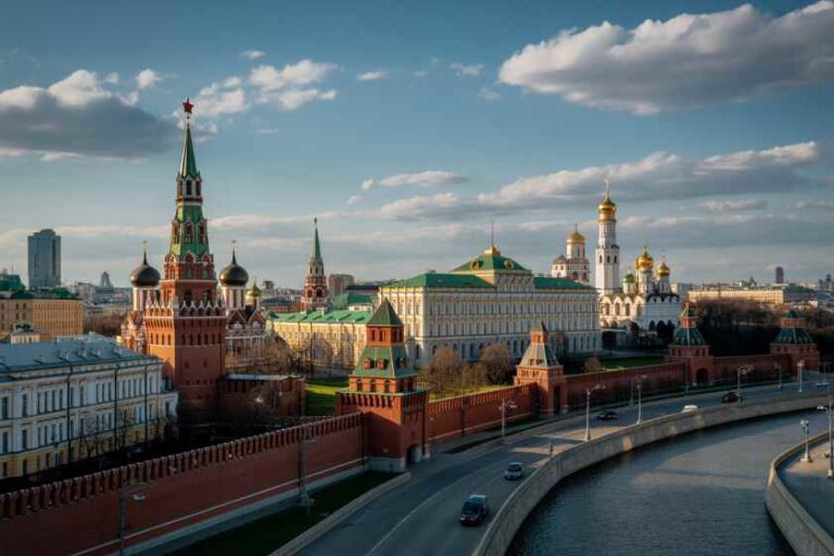 Panoramic view of the Moscow Kremlin with red brick walls, towers, and riverbank under a blue sky with clouds.