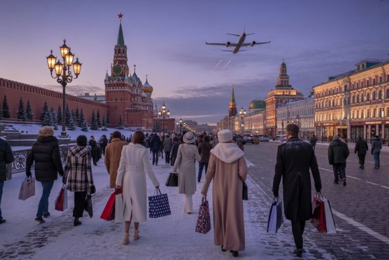 People in winter coats walk along a snowy Moscow street at dusk, with the Kremlin wall on the left and lit historic buildings on the right, airplane overhead.
