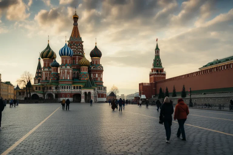 Saint Basil's Cathedral with colorful domes on Red Square, Moscow, near the Kremlin wall at dusk.