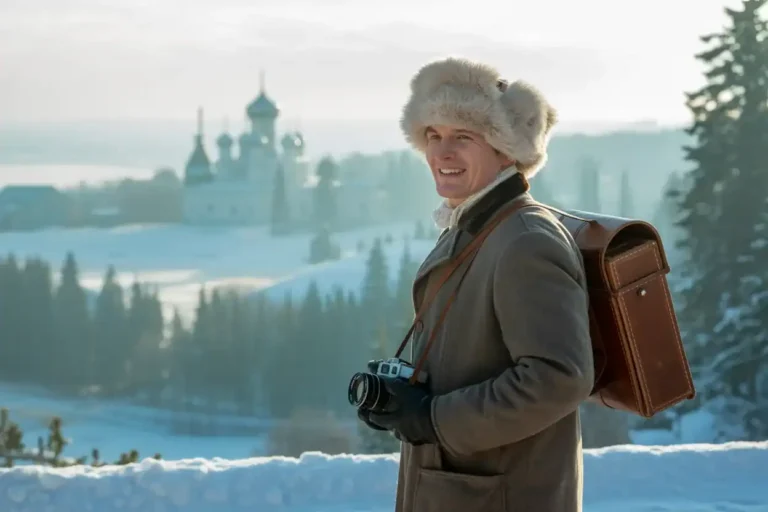 Smiling man in a warm fur hat with a camera around his neck, standing in a snowy landscape with a church in the distance.