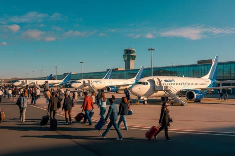 Passengers walking with luggage on the airport tarmac as several airplanes are parked at the gates with a control tower in the background, on a sunny day.