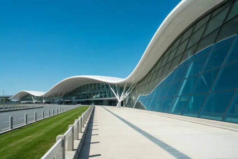 Modern airport or museum-like building with a flowing white roof and glass facade beside a wide walkway under a blue sky.