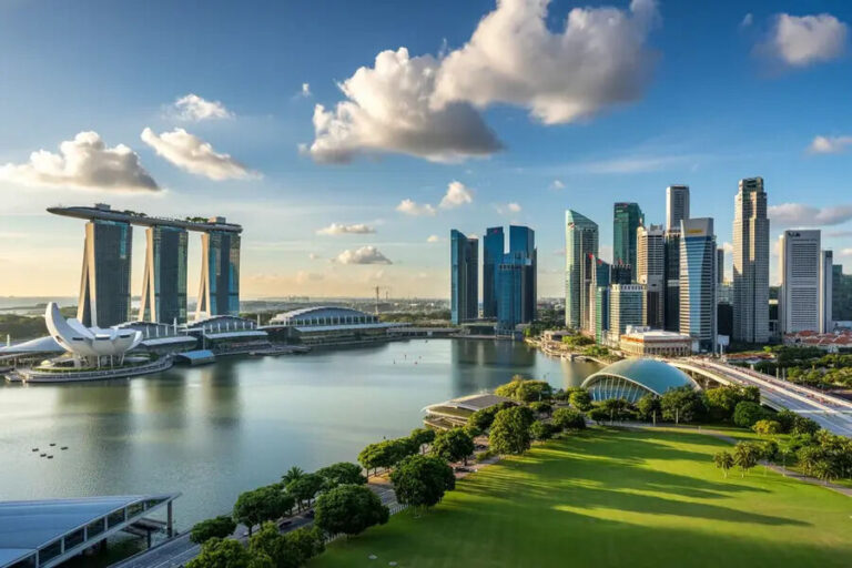 Aerial view of Singapore's Marina Bay with the Marina Bay Sands hotel on the left, glass skyscrapers in the background, and a green park along the water's edge.