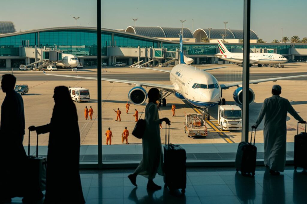 Silhouetted travelers with rolling luggage stand inside the terminal, watching a large white airplane on the tarmac outside.