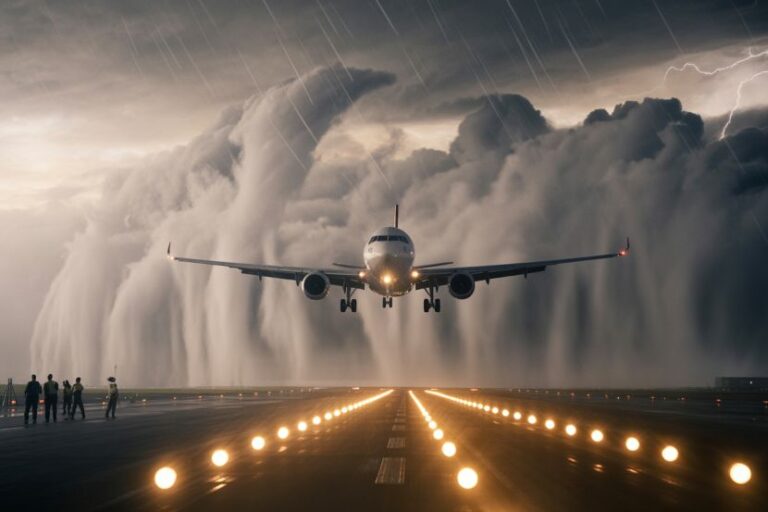 Airplane descending toward a rain-soaked runway with dramatic dark clouds and crew on the left.