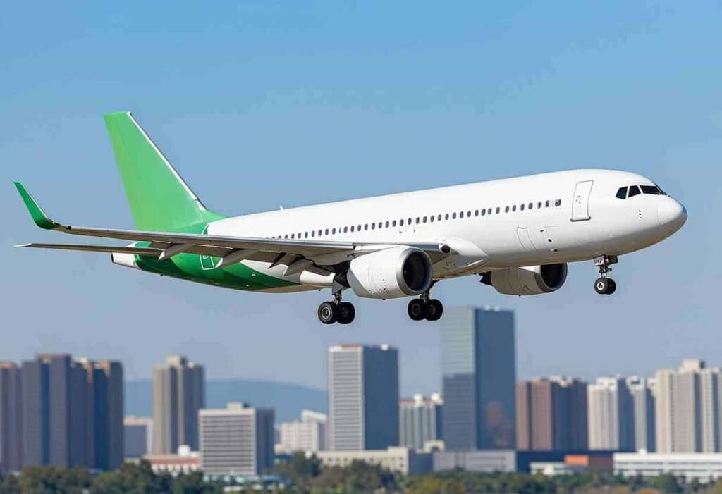 White commercial jet with green tail rising over a city skyline as it takes off or lands.