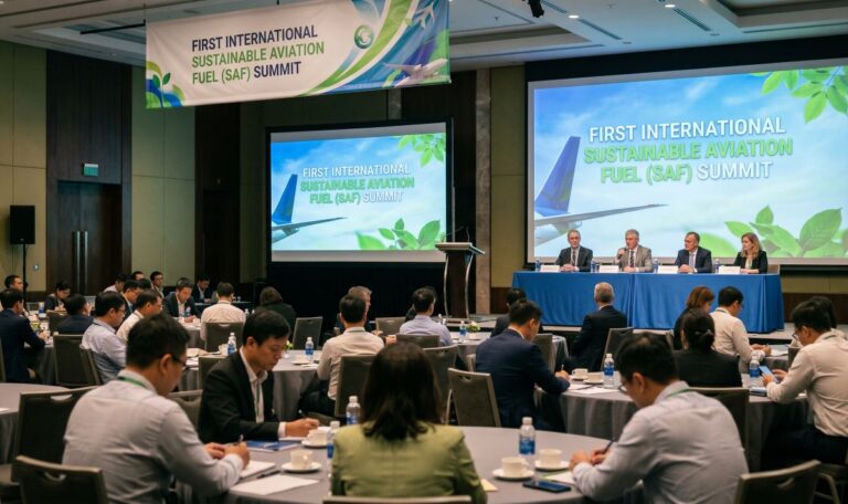 Panel of speakers at a conference with a banner reading 'First International Sustainable Aviation Fuel Summit'