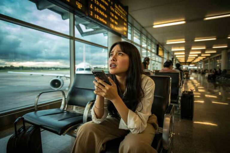 Woman seated at an airport gate, looking up at the flight information board while holding her phone, with a suitcase nearby.