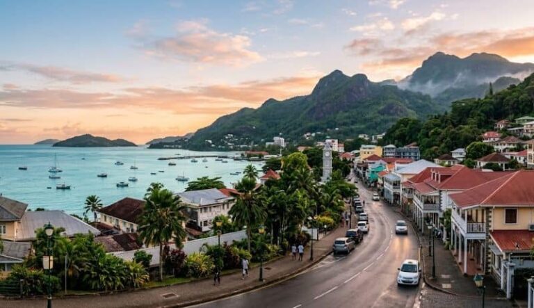Coastal town at sunset with mountains in the background, colorful houses along a curved road and boats in calm water