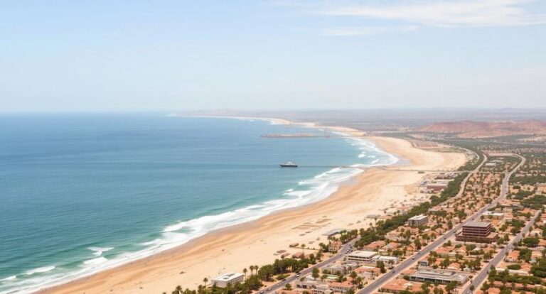 Aerial view of a long sandy beach beside a calm blue ocean, with a ship near the shoreline and a grid of buildings along the coast.