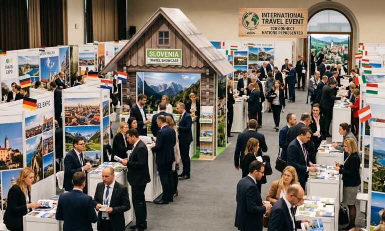 Busy travel expo hall with multiple booths, attendees in business attire networking, and a central Slovenian travel showcase booth.