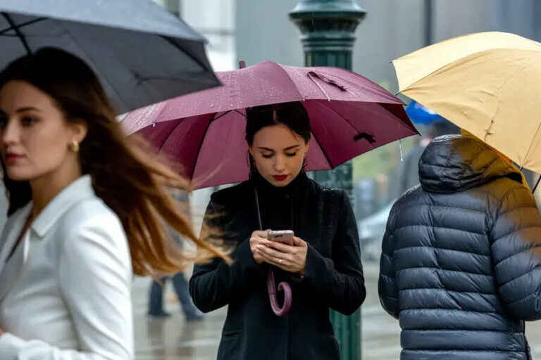 Woman in a black coat checks her phone under a purple umbrella on a rainy city street.