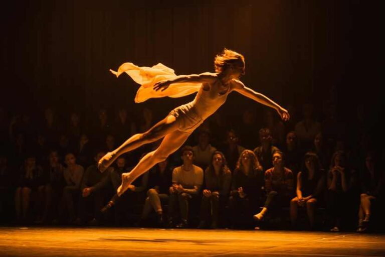 Dancer in mid-air leap on a warmly lit stage, cape fluttering, with an audience watching in the darkened background.