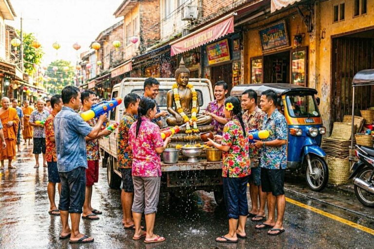 Group of people in colorful shirts spraying water around a Buddha statue on a decorated pickup truck during a street festival