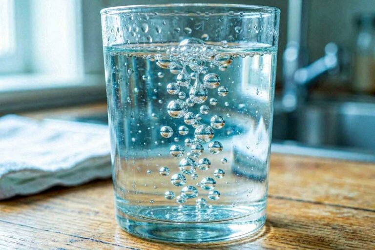 Glass of carbonated water with visible bubbles rising in a clear tumbler on a wooden table surface in a kitchen setting.