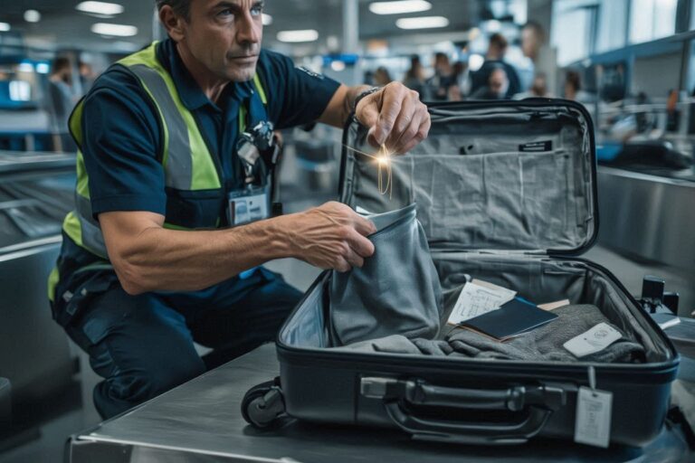 Security officer in a reflective vest placing a gold chain into an open suitcase at an airport security checkpoint