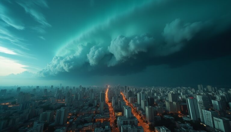 City skyline under dark, looming storm clouds; orange-lit streets wind through dense buildings at dusk.