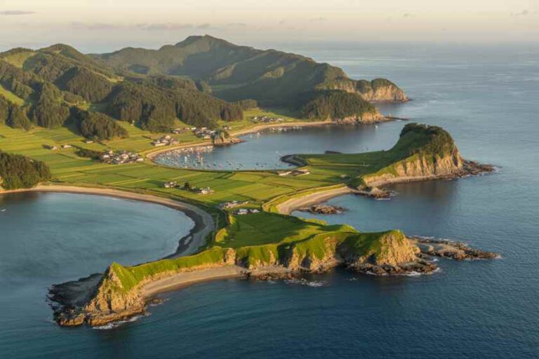 Aerial view of a green coastal landscape with fields, small houses, and rocky peninsulas meeting calm blue water.