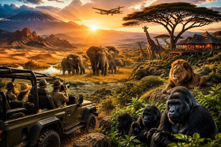 Tourists in an open-top jeep on a sunset safari, observing elephants, giraffes, a lion, and gorillas on the savanna.