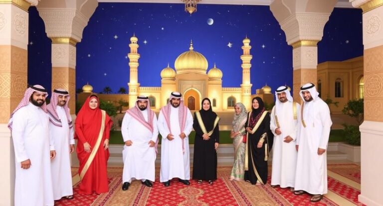 Group of men and women in traditional white and colorful robes pose for a photo in front of a blue night backdrop featuring a golden mosque and minarets in an ornate courtyard.