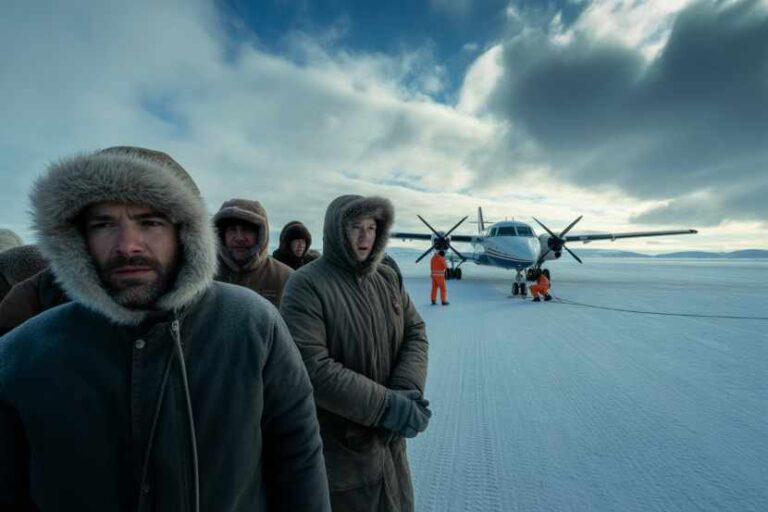 Group of people in heavy winter coats standing on a snow-covered airstrip with a propeller plane in the background.