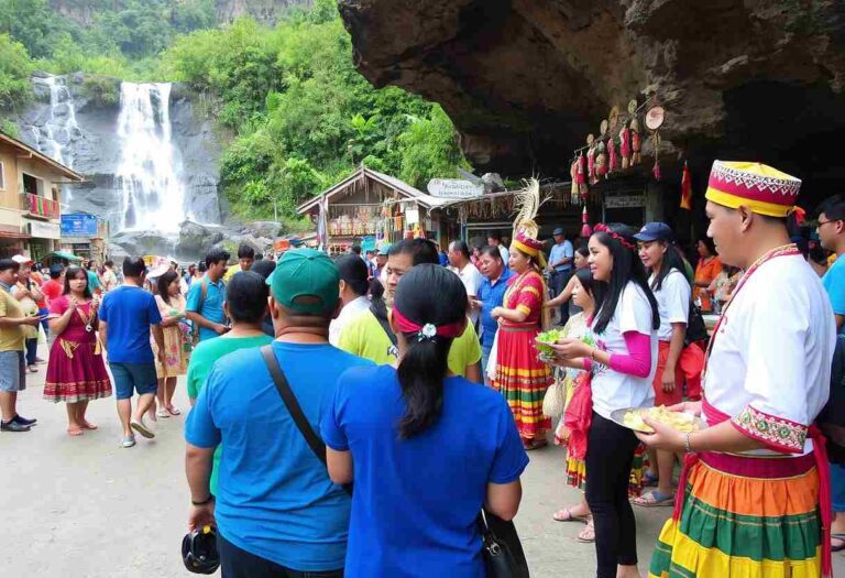 Crowd at a cultural festival by a waterfall, with people in colorful traditional outfits sharing food and goods.